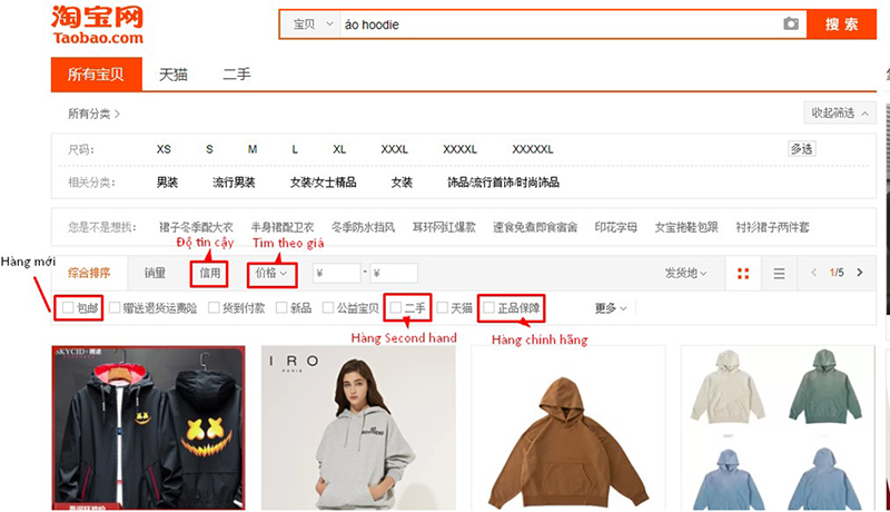 Tìm kiếm bằng từ khóa trên Taobao